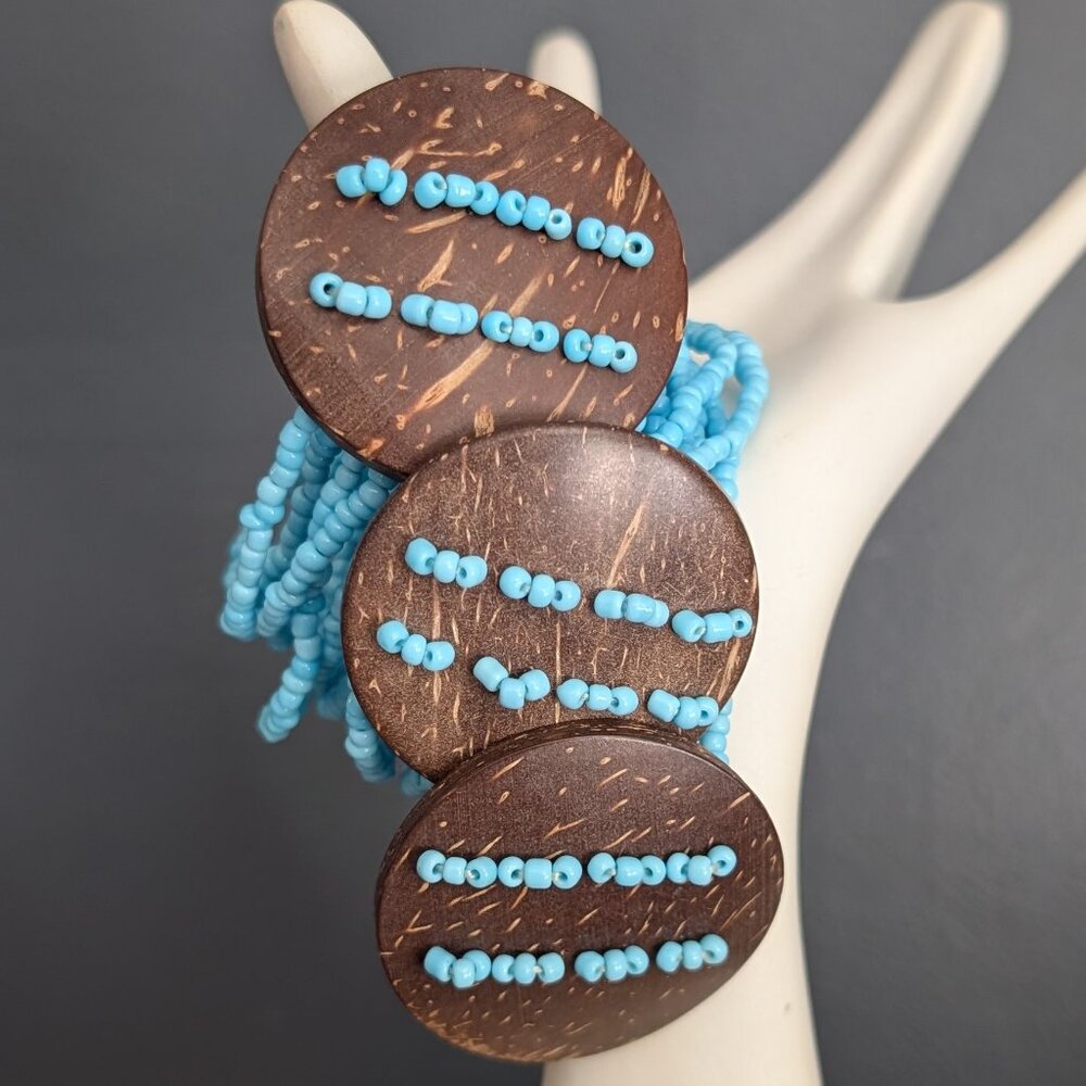 Bundle of 3 wood and blue ceramic bead stretch bracelets